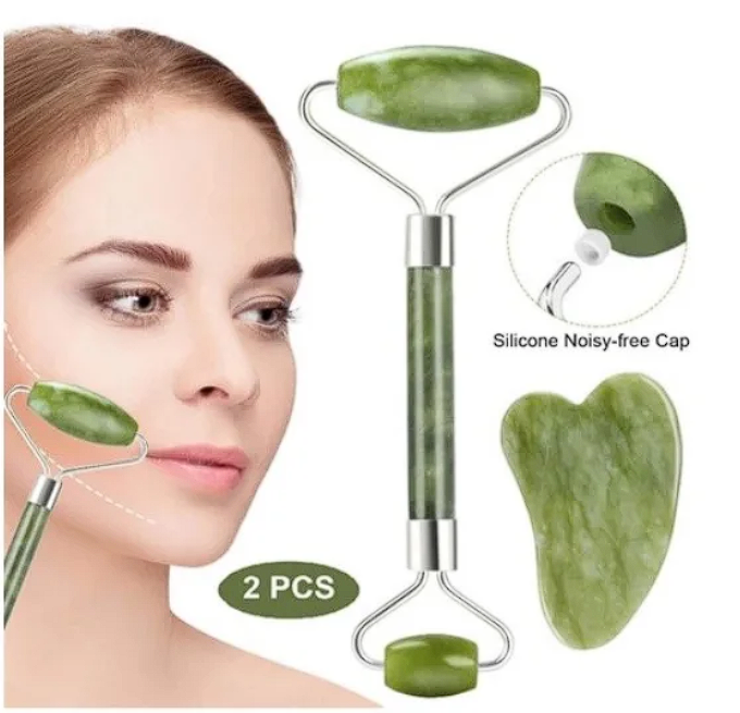 Kit Massaggio Facciale Anti-Rughe con Rullo di Giada e Piastra Gua Sha